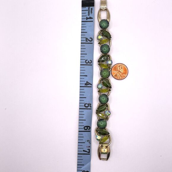 Juliana DeLizza & Elster Vintage Green Rhinestone Glass Bracelet #6700 - Picture 11 of 13